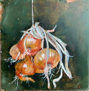 Hanging Onions akryyli kankaalle, 2025, 38 x 37 cm, 450 € Hanging Onions
akryyli kankaalle, 2025, 38 x 37 cm, 450 €