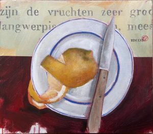 Pealed lemon, akryyli kankaalle, 2025, 40 x 45 cm, 500 € Pealed lemon, akryyli kankaalle, 2025, 40 x 45 cm, 500 €