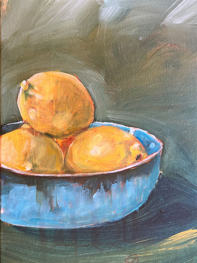 Lemons in a bowl, akryyli kankaalle, 2025, 40 x 30 cm, 320 € Lemons in a bowl, akryyli kankaalle, 2025, 40 x 30 cm, 320 €